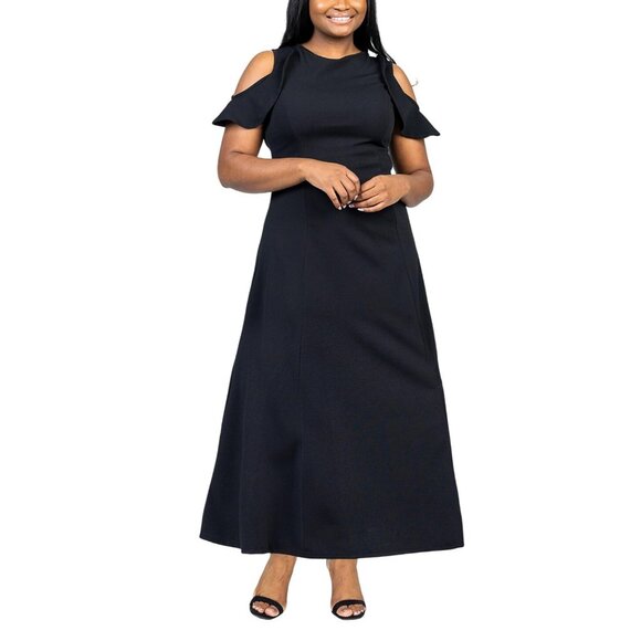 NWT 24seven Comfort Apparel Size Ruffle Cold Shoulder A-Line Maxi Dress Black 3X - Picture 1 of 6